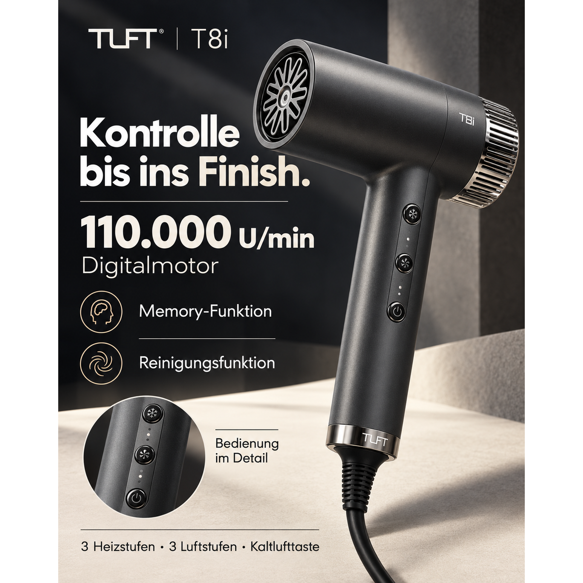 TUFT T8i Digital-Haartrockner – 1.800 W, 3 Aufsätze – Produktabbildung