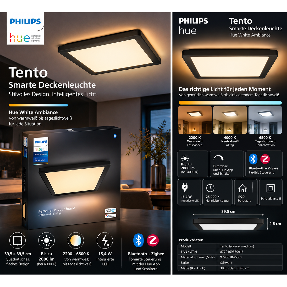 Philips Hue LED-Panel White Ambiance Tento M 39,5 x 39,5 cm Schwarz – Produktbild 1