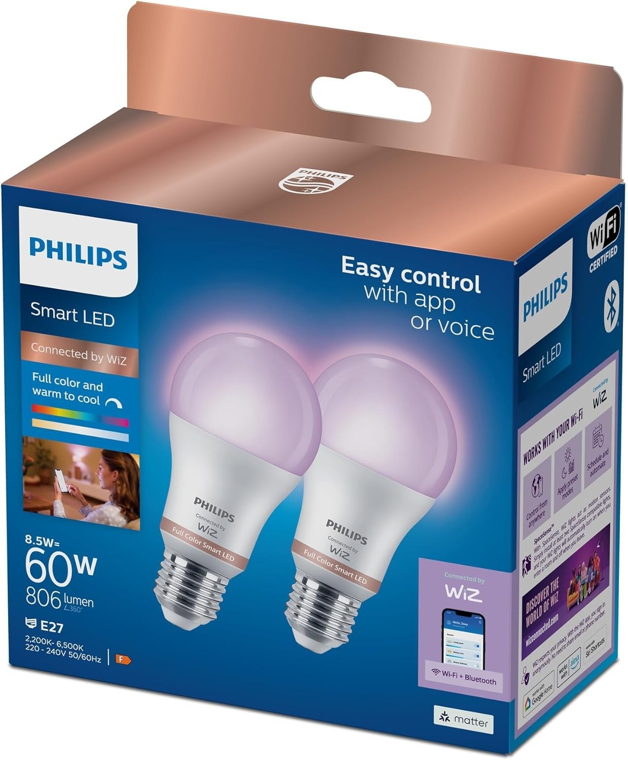 Philips Smart LED WiZ E27 2er-Set – Full Color & Warm to Cool, 8,5W (60W), WLAN,