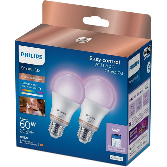 Philips Smart LED WiZ E27 2er-Set – Full Color & Warm to Cool, 8,5W (60W), WLAN,