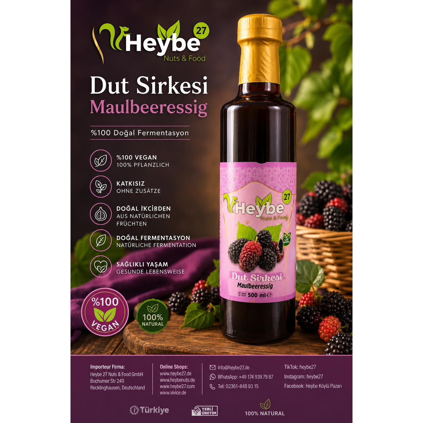 Heybe Maulbeer Essig 500 ml – Natürlich fermentierter Premium-Essig