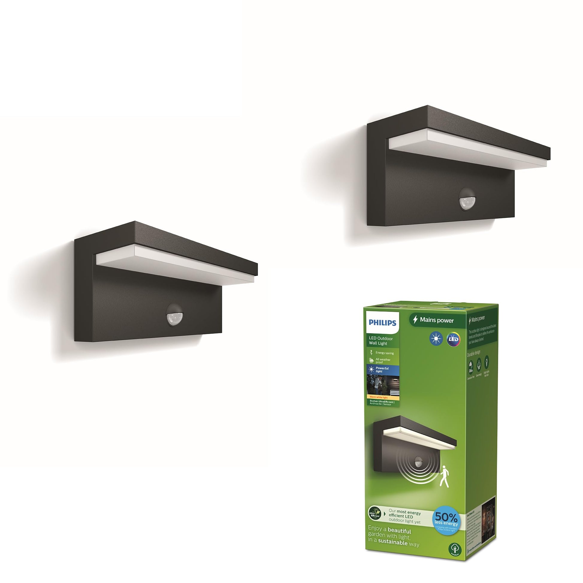 Philips Outdoor Ultra-Efficient Bustan Wandleuchte 3.8W, Bewegungssensor, 2700K warmweißes Licht, IP44 wetterfest, anthrazit