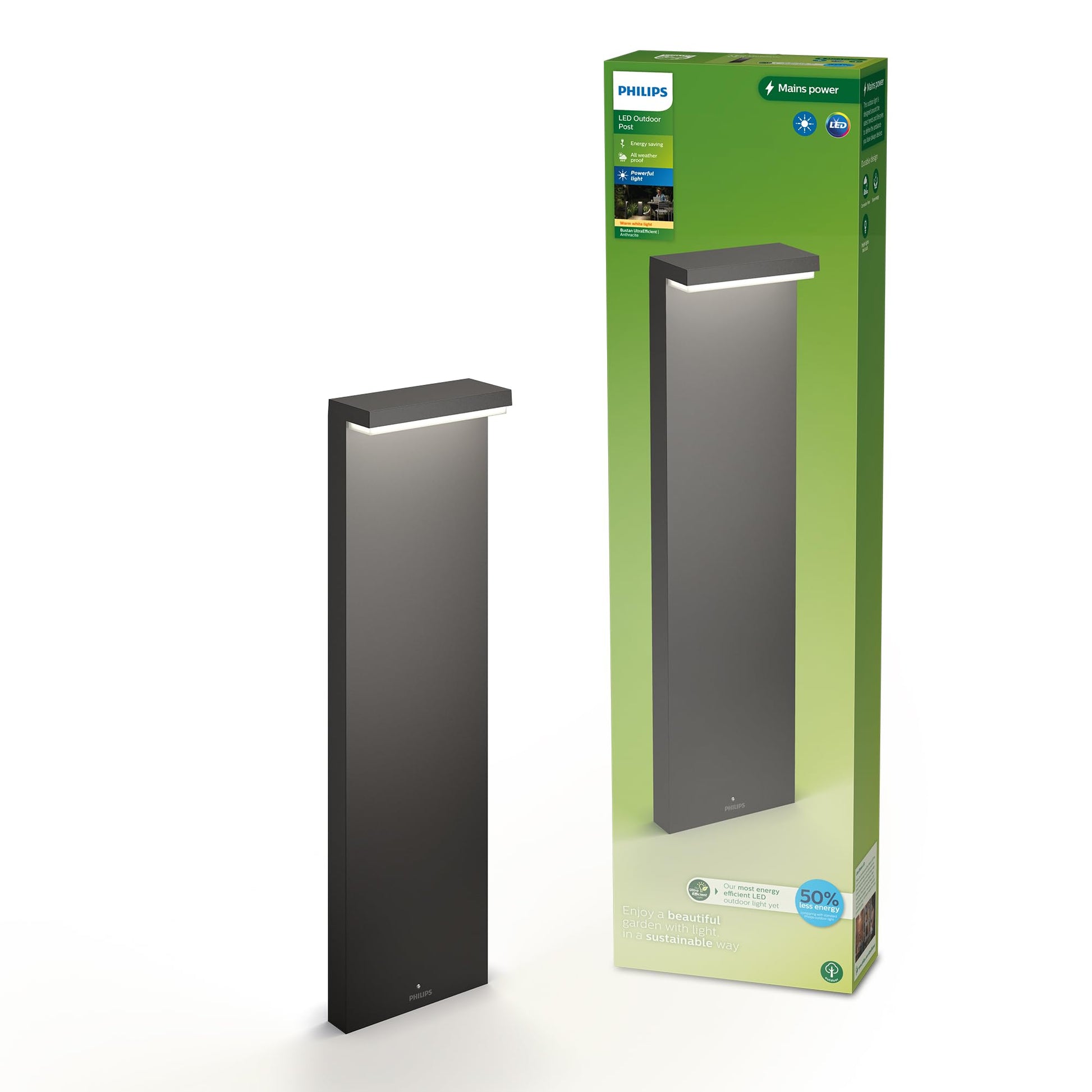 Philips Outdoor Ultra-Efficient Bustan Wandleuchte 3.8W, Bewegungssensor, 2700K warmweißes Licht, IP44 wetterfest, anthrazit