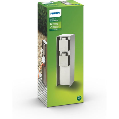 Philips Rock Outdoor Doppelsteckdose, wetterfeste Steckdose mit 2 Steckern, optimale Stromversorgung für LED Beleuchtung im Außenbereich, Edelstahl
