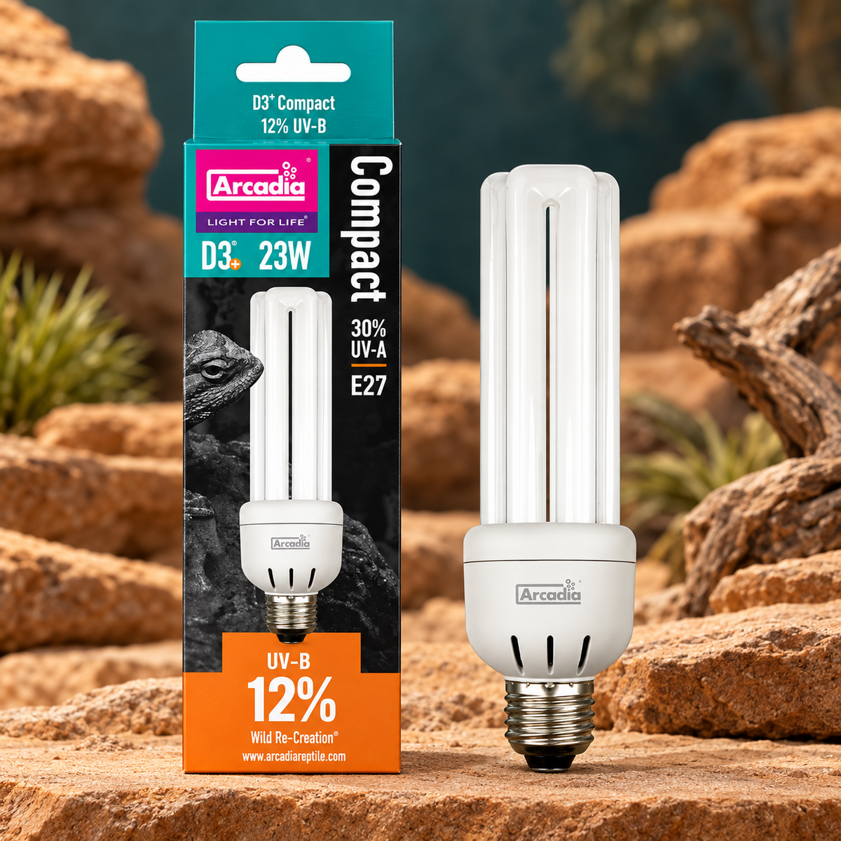 Arcadia D3+ Desert Compact 23 W – UVB-Terrarienlampe mit 12 % UV-B + E27-Sockel