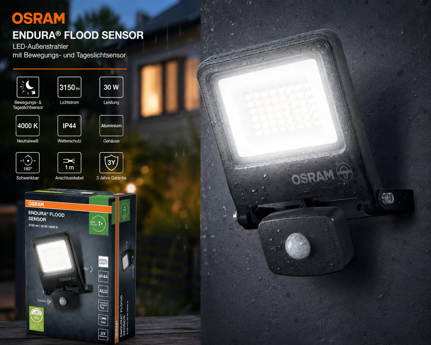 Osram Außenleuchte ENDURA Flood Sensor 30W PCR dunkelgrau kaltweiß