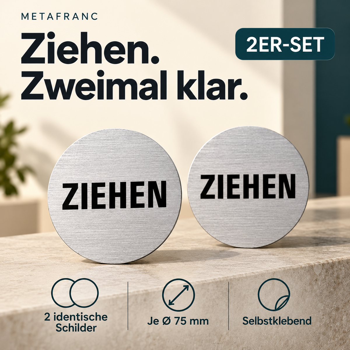 Klebeschild 2er Set, "Ziehen", selbstklebend Aluminium, Ø 75 mm – Produktabbildung