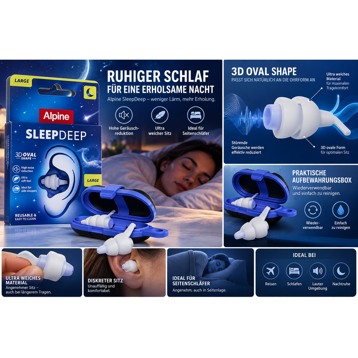 Alpine SleepDeep Ohrstöpsel zum Schlafen & Schnarchen, 1 Paar (Größe L)