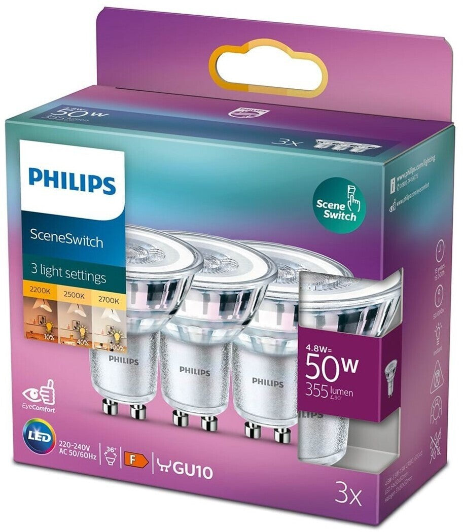 Philips LED SceneSwitch GU10 3er-Set – 4,8W (50W), 3 Lichtstufen, 2200K–2700K, E