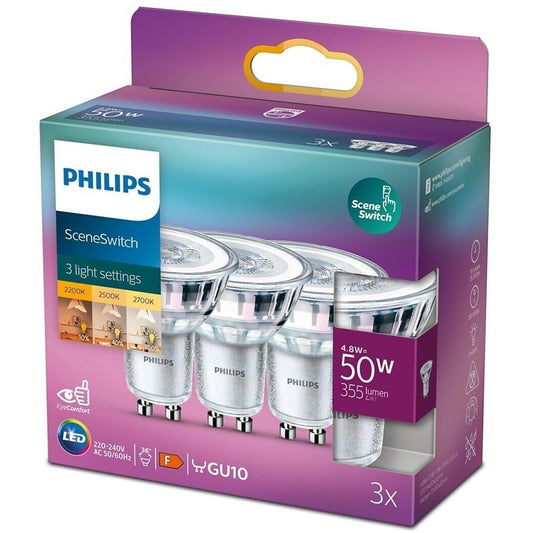 Philips LED SceneSwitch GU10 3er-Set – 4,8W (50W), 3 Lichtstufen, 2200K–2700K, E