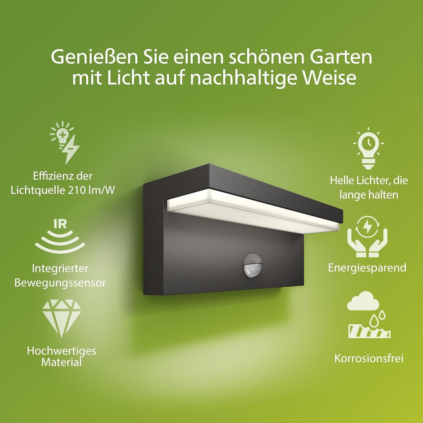 Philips Outdoor Ultra-Efficient Bustan Wandleuchte 3.8W, Bewegungssensor, 2700K warmweißes Licht, IP44 wetterfest, anthrazit