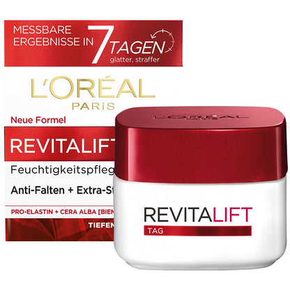 L'Oréal Paris Feuchtigkeitsspendende Tagescréme für Frauen: sorgt für ein strafferes Hautbild & stärkt die Hautschutzbarriere mit Pro-Elastin & Bienenwachs (Cera Alba)Revitalift, 1x 50ml