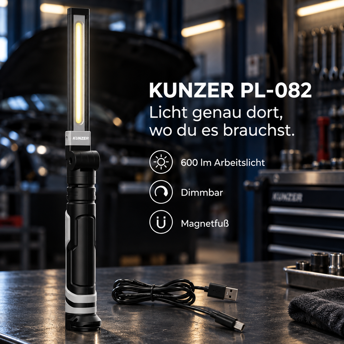 KUNZER PL-082 Akku-LED-Arbeitslampe – 600 Lumen, dimmbar, klappbar & Magnetfuß