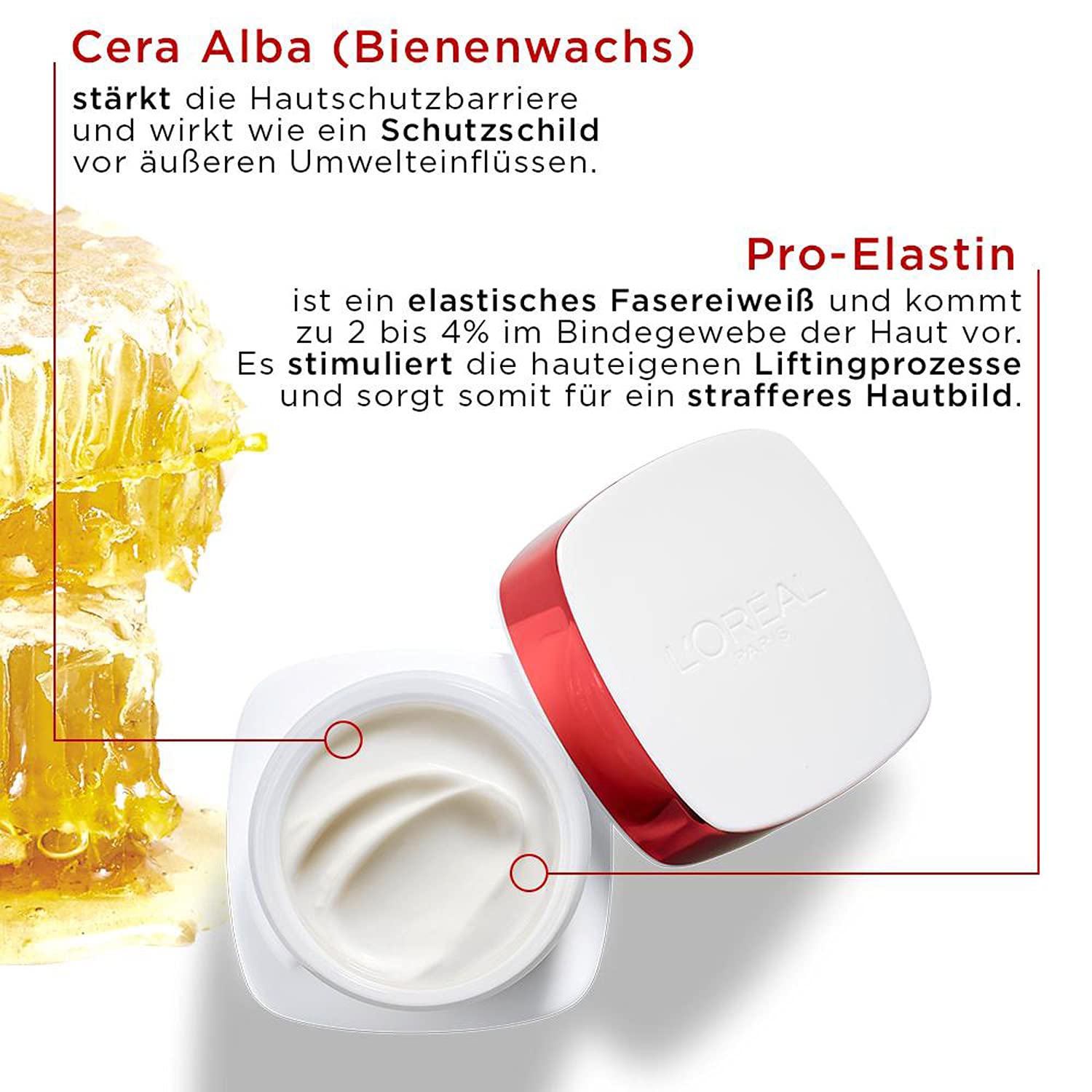 L'Oréal Paris Feuchtigkeitsspendende Tagescréme für Frauen: sorgt für ein strafferes Hautbild & stärkt die Hautschutzbarriere mit Pro-Elastin & Bienenwachs (Cera Alba)Revitalift, 1x 50ml