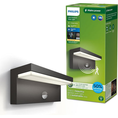 Philips Outdoor Ultra-Efficient Bustan Wandleuchte 3.8W, Bewegungssensor, 2700K warmweißes Licht, IP44 wetterfest, anthrazit
