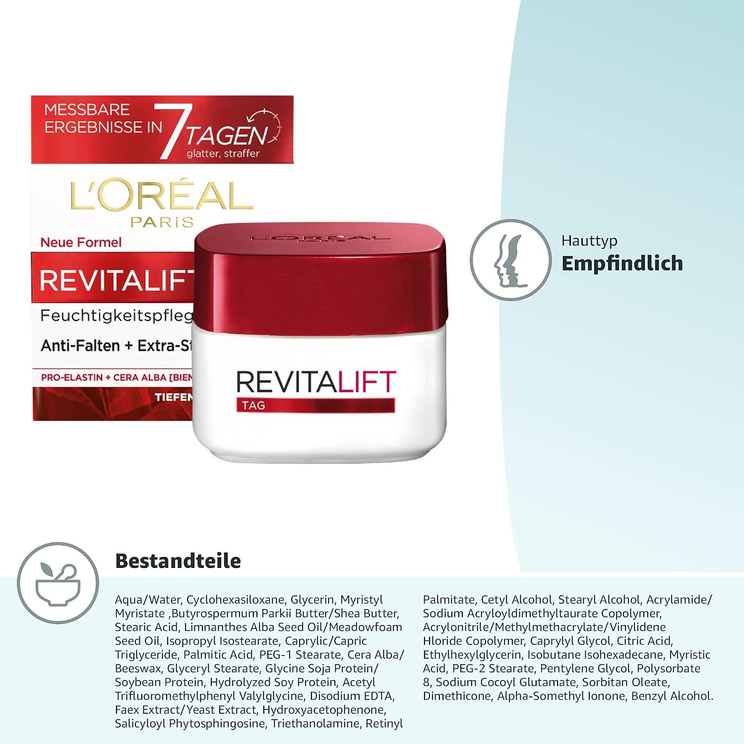 L'Oréal Paris Feuchtigkeitsspendende Tagescréme für Frauen: sorgt für ein strafferes Hautbild & stärkt die Hautschutzbarriere mit Pro-Elastin & Bienenwachs (Cera Alba)Revitalift, 1x 50ml