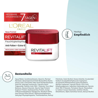 L'Oréal Paris Feuchtigkeitsspendende Tagescréme für Frauen: sorgt für ein strafferes Hautbild & stärkt die Hautschutzbarriere mit Pro-Elastin & Bienenwachs (Cera Alba)Revitalift, 1x 50ml