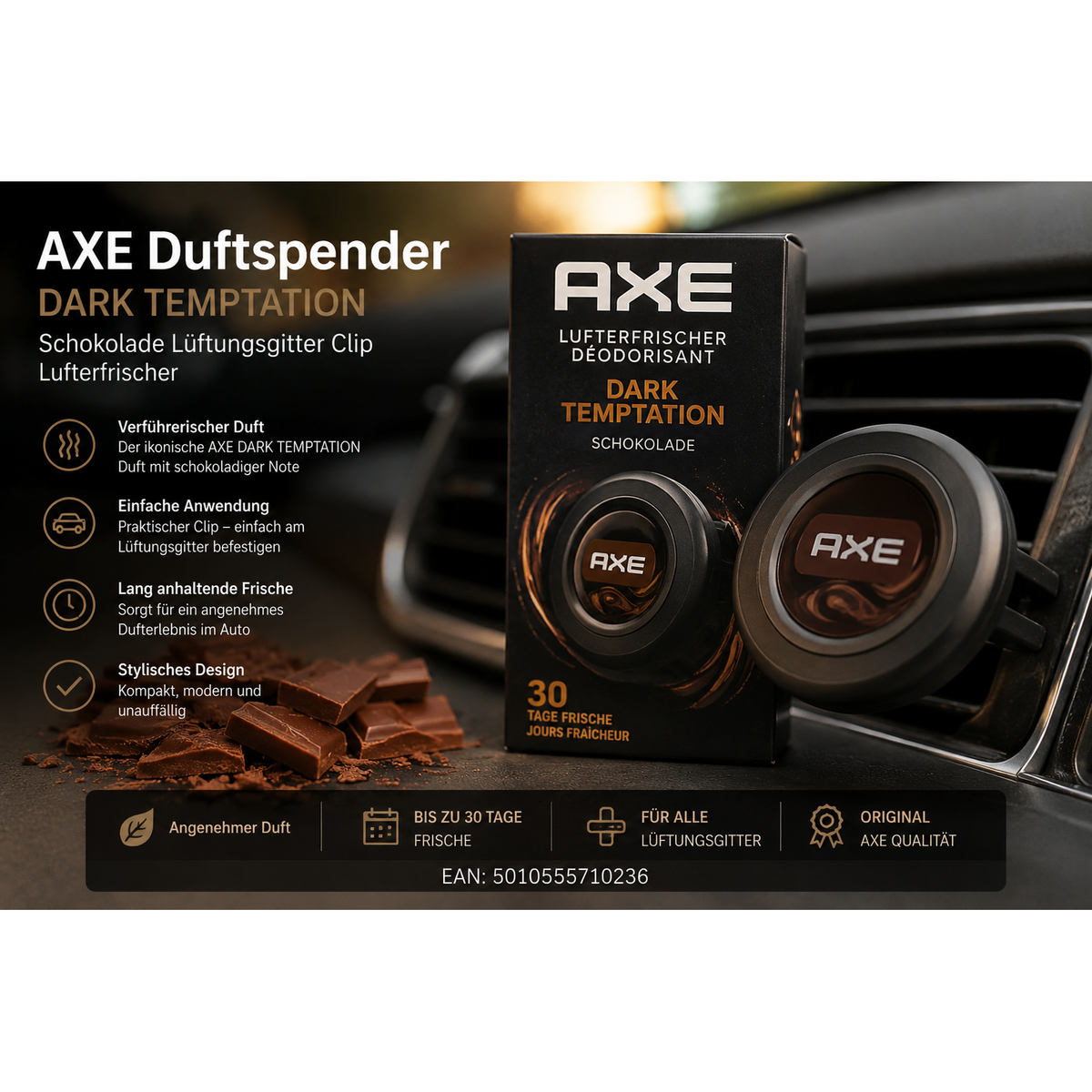 AXE Duftspender DARK TEMPTATION Schokolade Lüftungsgitter Clip Lufterfrischer