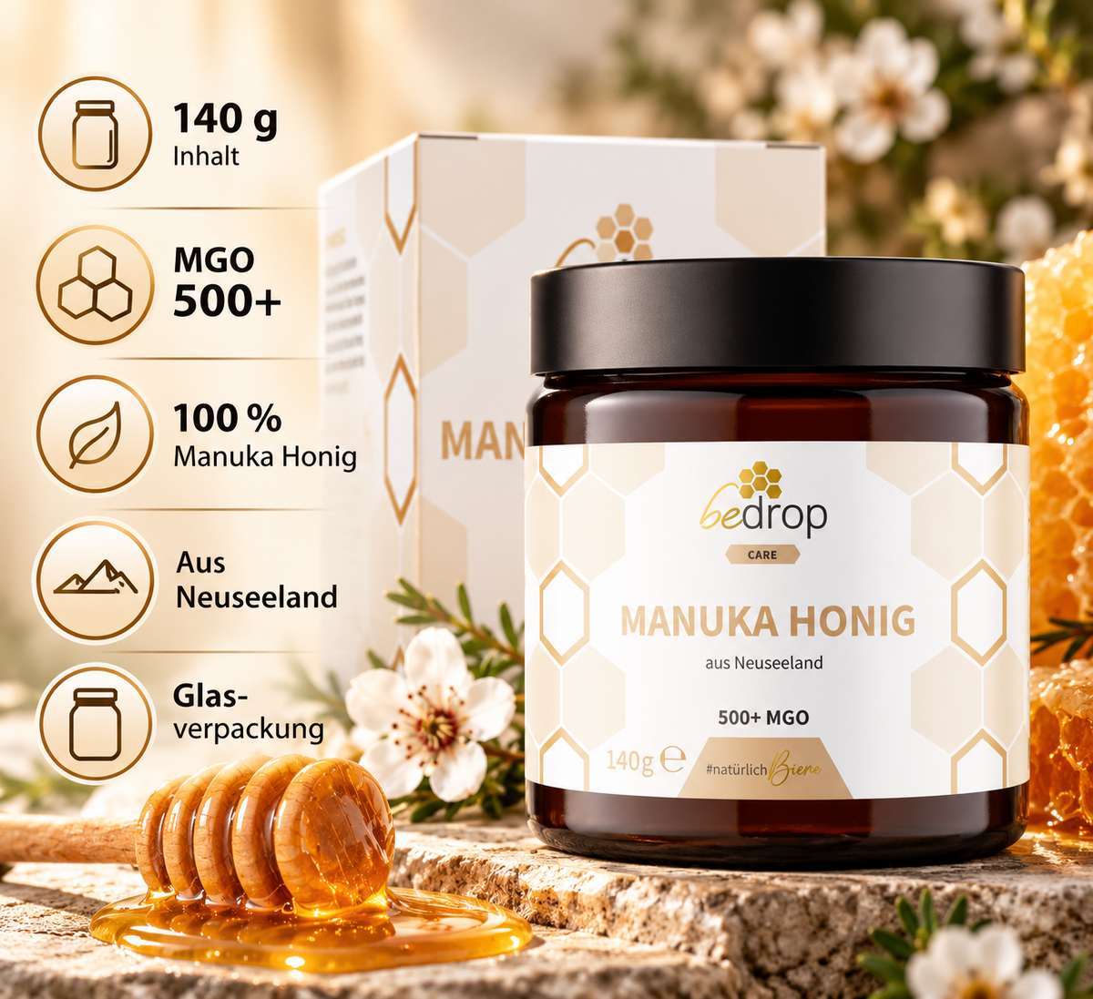 bedrop Manuka Honig – 500+ MGO – 140 g – aus Neuseeland