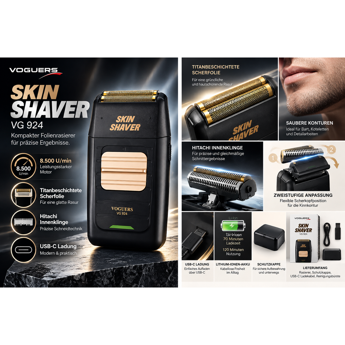 Voguers Skin Shaver / Bart Rasierer / Folienrasierer VG924, USB, Li-Ion – Produktabbildung