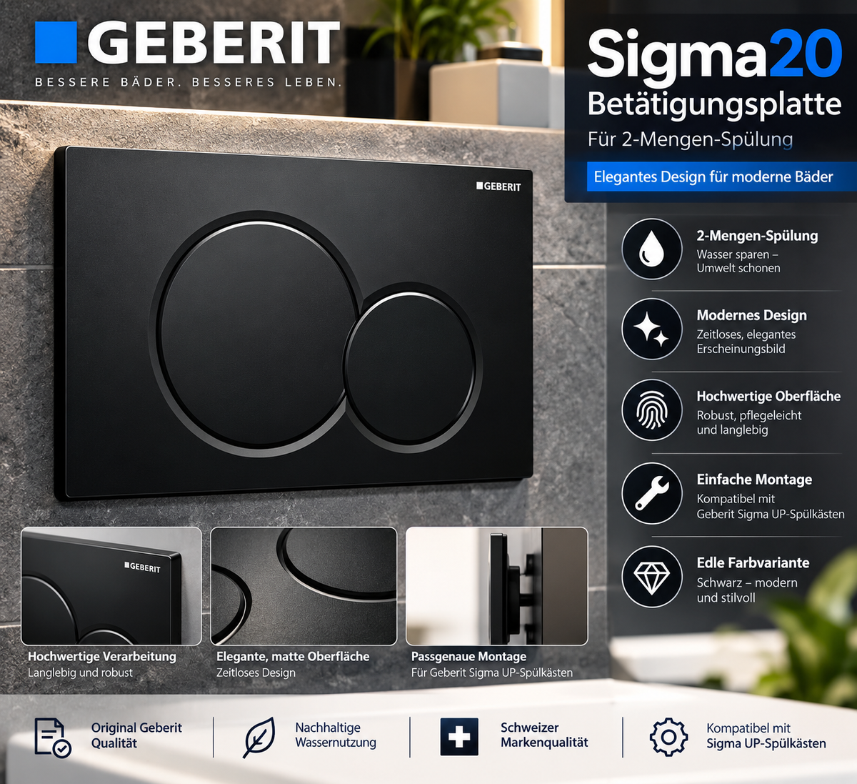 Geberit Sigma20 Betätigungsplatte für 2-Mengen-Spülung - Schwarz (115.882.DW.1)