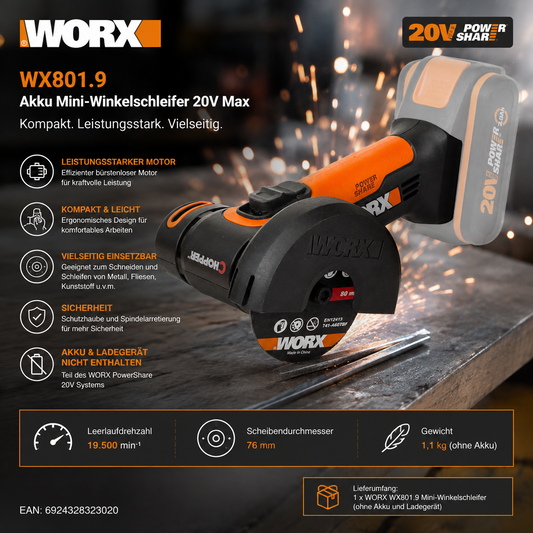 WORX WX801.9 Akku Mini-Winkelschleifer 20V Max Schleifer ohne Akku und Ladegerät