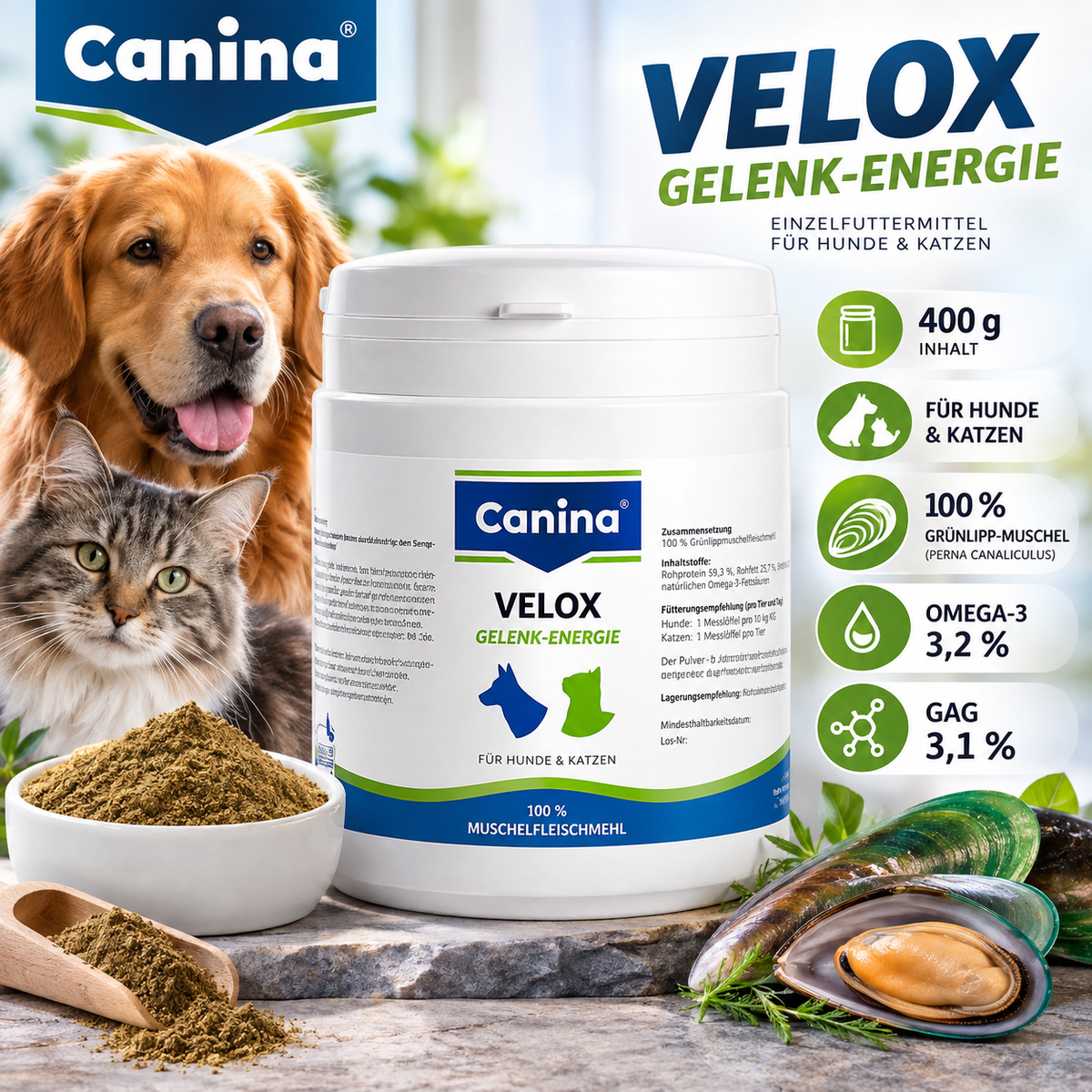 Canina Pharma Velox Gelenk-Energie 400 g Muschelfleischmehl für Hunde und Katzen – Produktbild 1