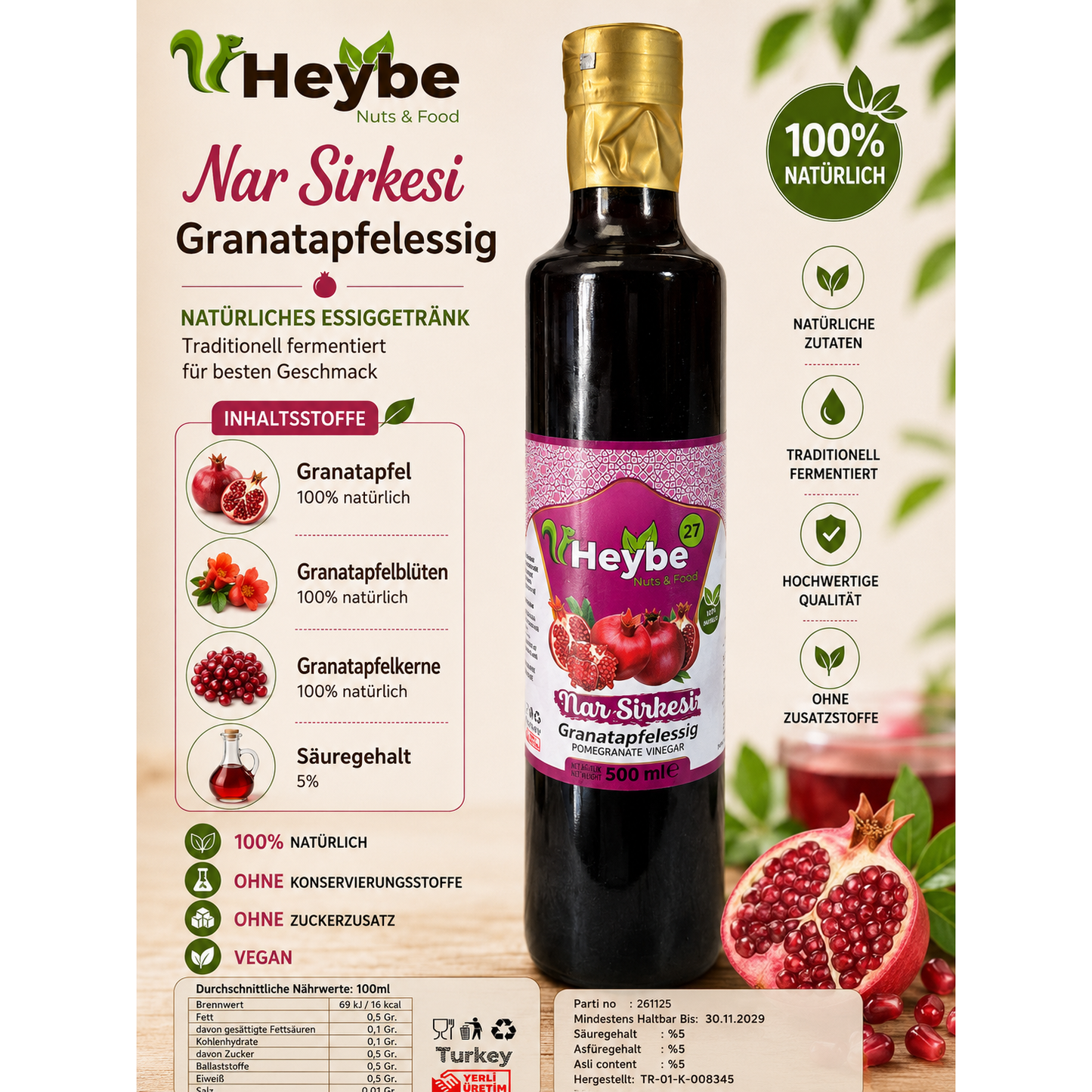 Heybe Granatapfel Essig 500 ml – Natürlich fermentierter Premium-Essig