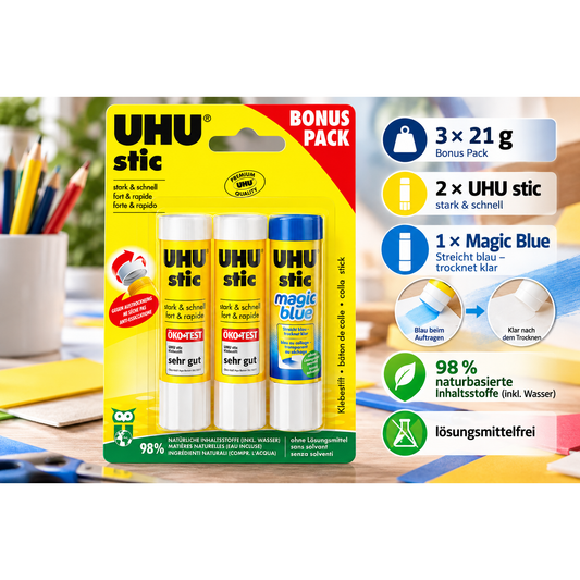UHU Vorteilspack Klebestift stic Klebestift stic Magic 3 x 21g Versandkostenfrei – Produktbild 1
