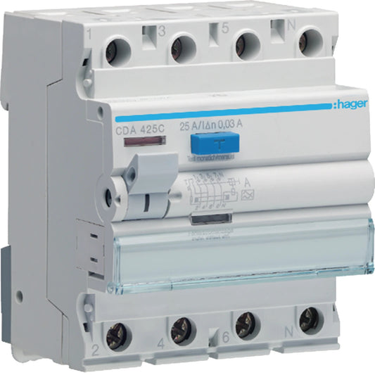 Hager Fehlerstrom-Schutzschalter RCCB 4P 25A 30mA Typ A (CDA425C)