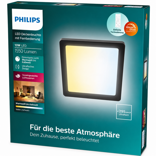Philips Hue Valen LED-Deckenleuchte mit Fernbedienung, schwarz – WarmGlow, dimmb