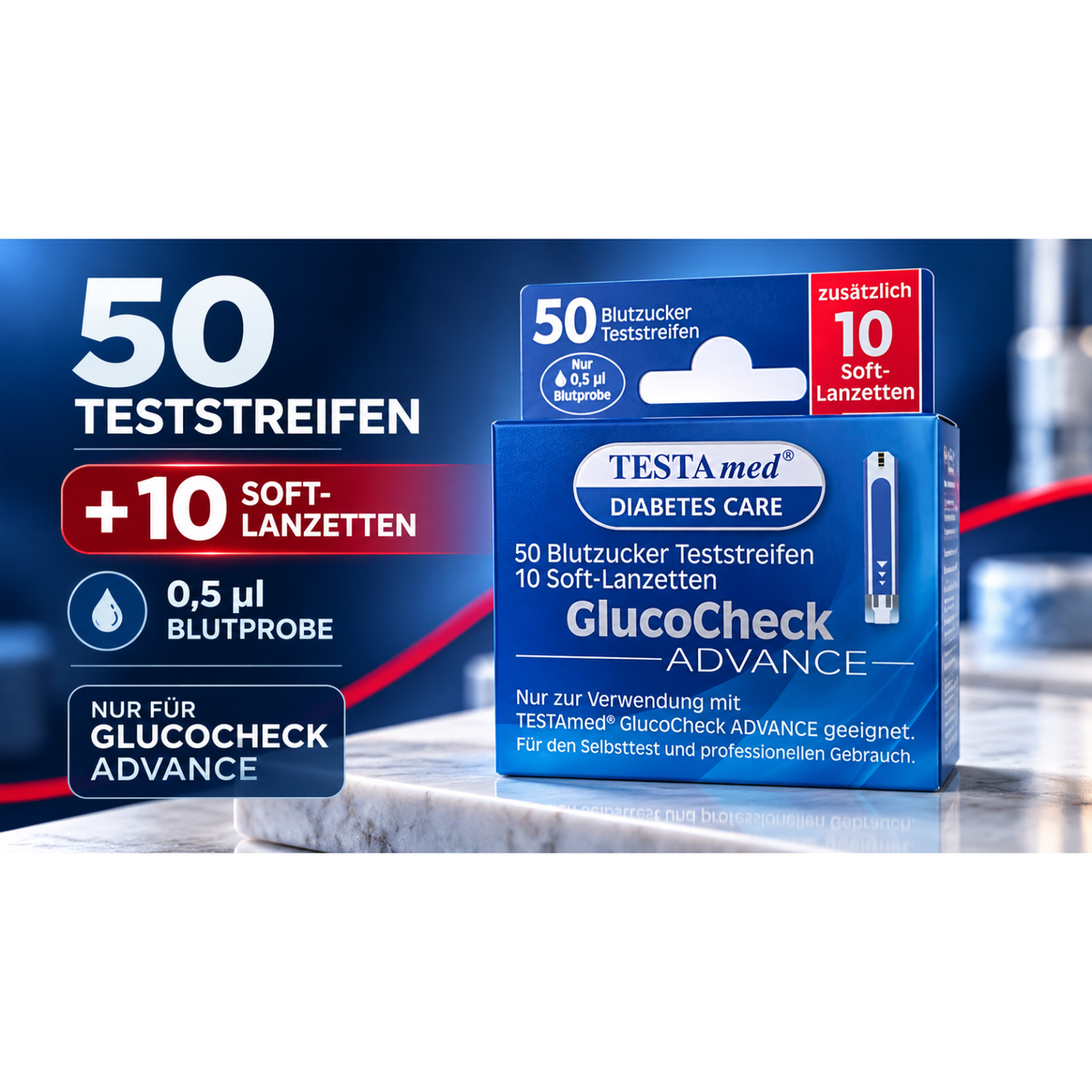 GlucoCheck ADVANCE Kombipackung, 50 Blutzuckerteststreifen + 10 Soft-Lanzetten