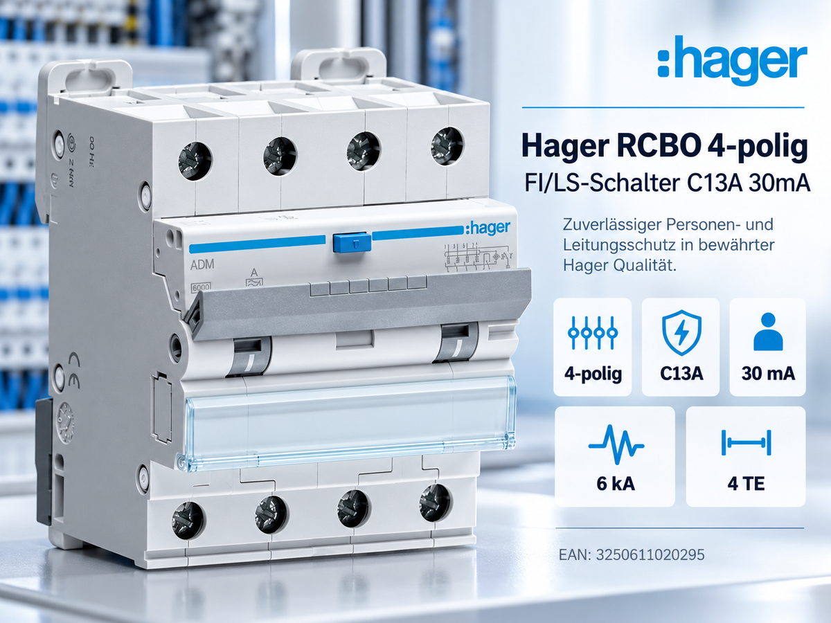 Hager ADM463C RCBO 4-polig C13A 30mA FI/LS-Schalter 6kA 4TE