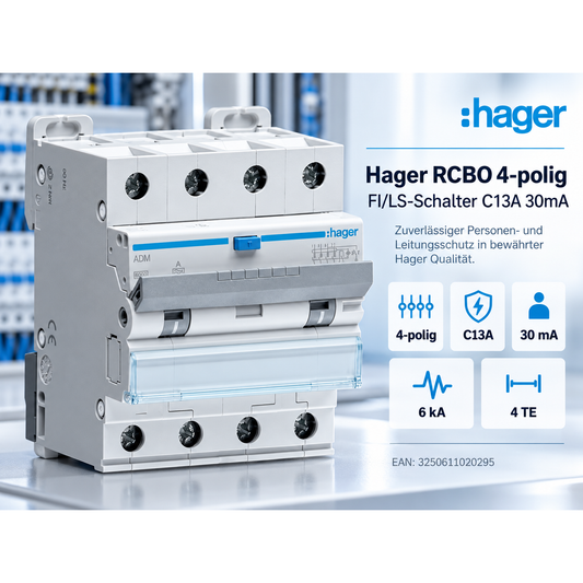 Hager ADM463C RCBO 4-polig C13A 30mA FI/LS-Schalter 6kA 4TE – Produktbild