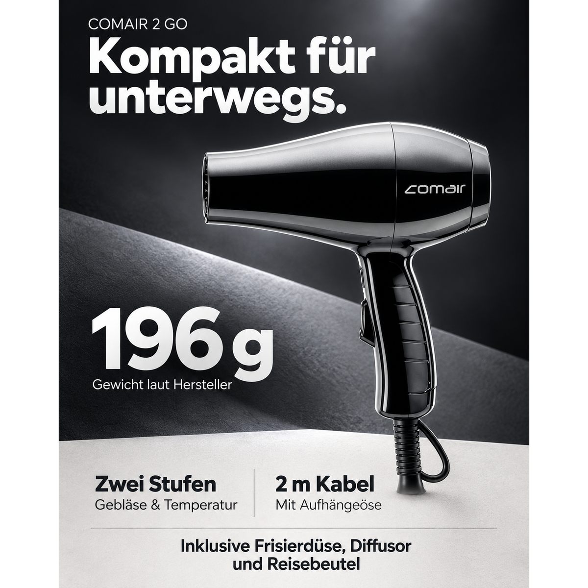 Comair 2 Go Reisehaartrockner, Schwarz, 1 Gerät mit Zubehör, 900-1100 W – Produktabbildung