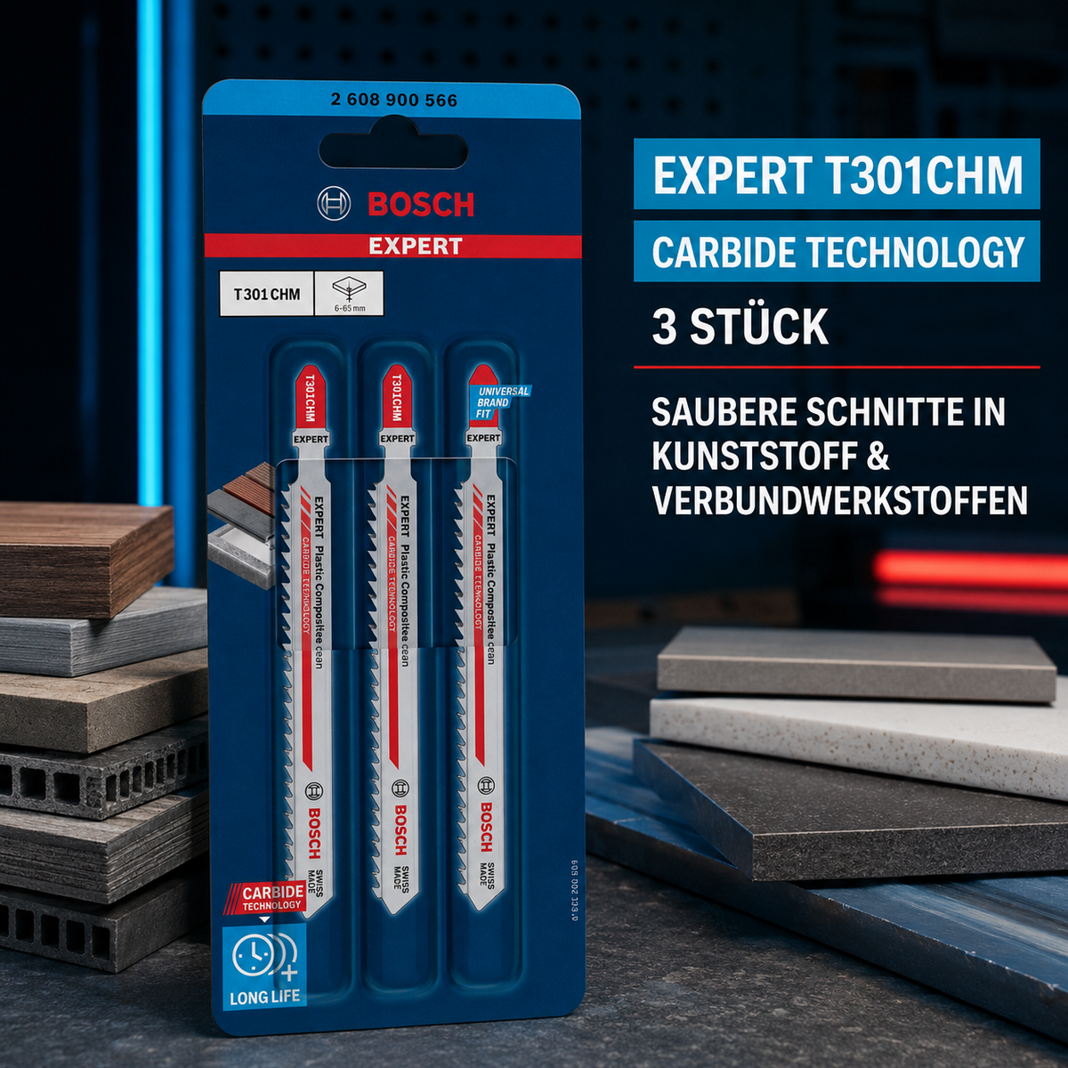 Bosch Expert T301CHM Plastic Composites Clean – 3 Stichsägeblätter
