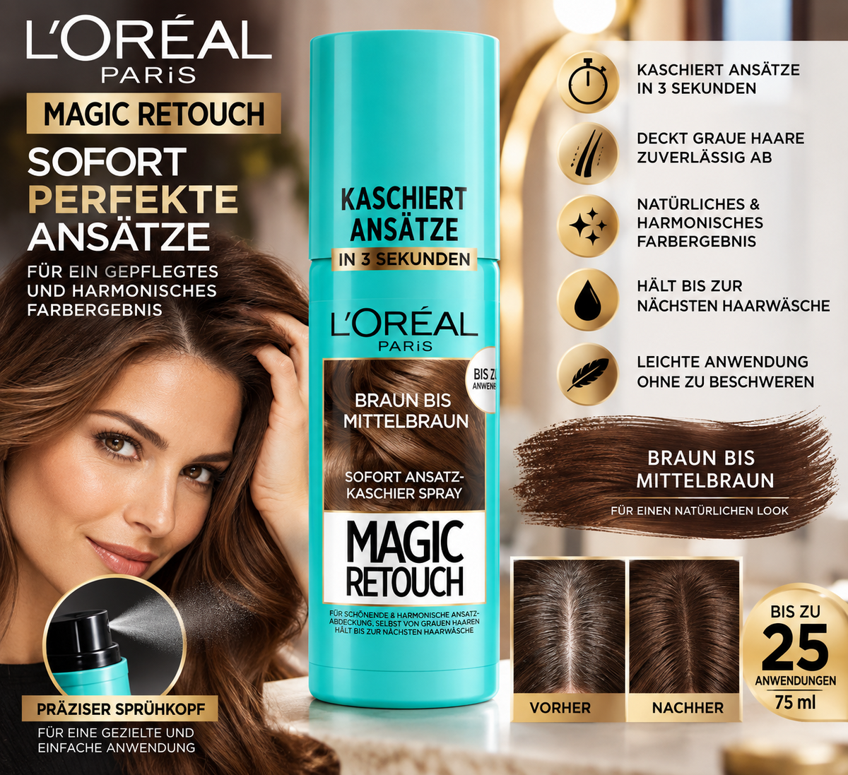 Loreal Magic Retouch BRAUN bis MITTELBRAUN Ansatz Kaschierspray 75ml