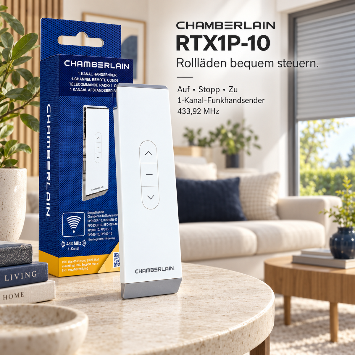 CHAMBERLAIN RTX1P-10 – 1-Kanal-Handsender für Rollläden, 433,92 MHz, Weiß