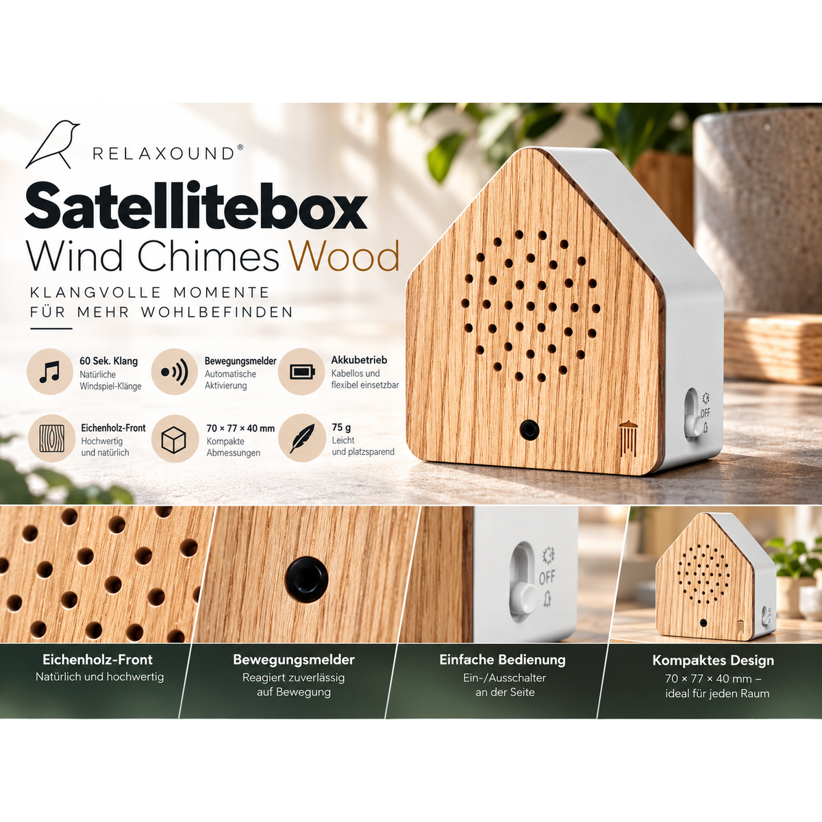 Zwitscherbox Satellite Windspiel-Klangbox / Wind Chime Nest mit Eichenholz-Front – Produktbild