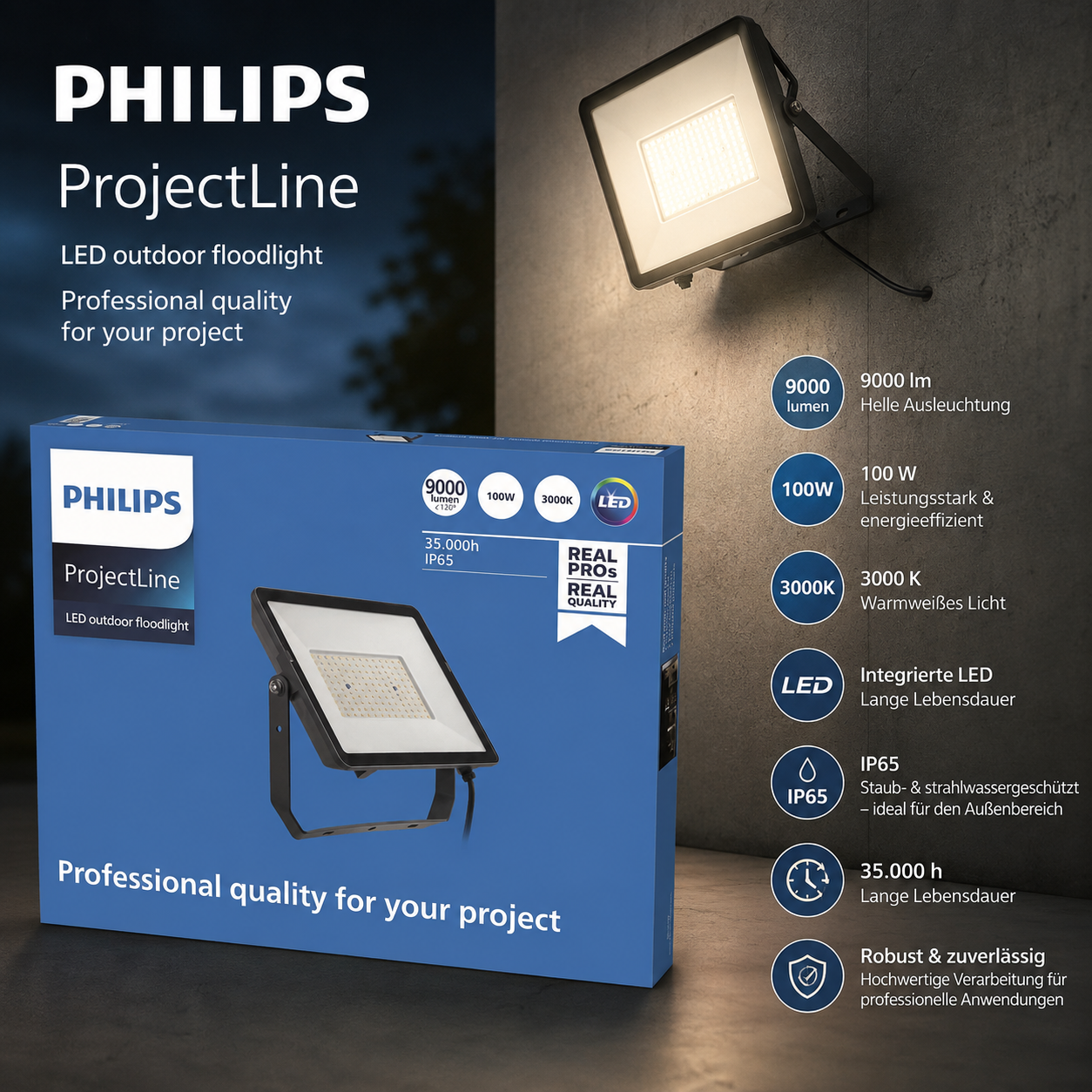 Philips LED Flutlicht ProjectLine 100W warmweiß  Flutlicht