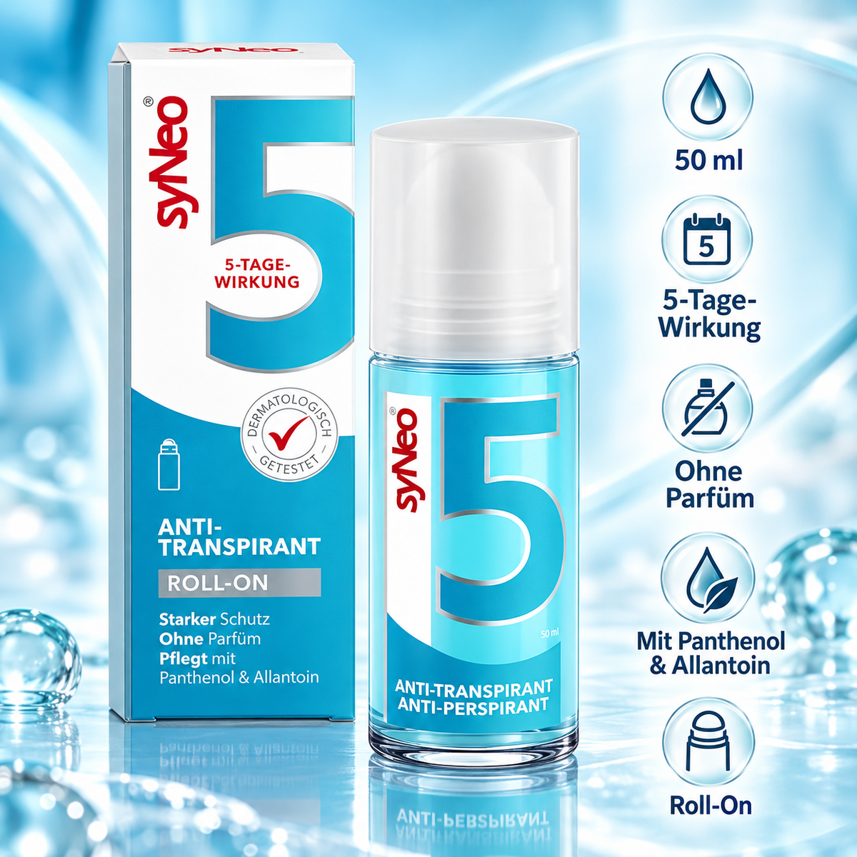 syNeo 5 Antitranspirant Roll-On für Damen und Herren bei starkem Schwitzen, 50ml – Produktabbildung