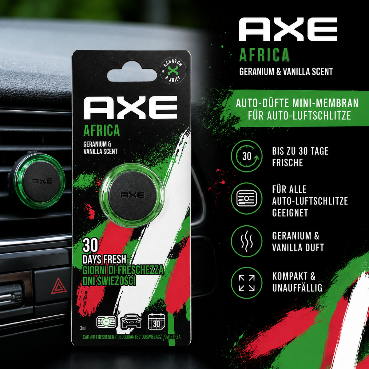 AUTO-DÜFTE MINI-MEMBRAN FÜR AUTO-LUFTSCHLITZE 3ML AXE AFRICA