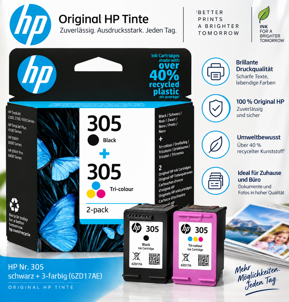 HP 305 Druckerpatronen Multipack – Schwarz + 3-farbig (6ZD17AE)