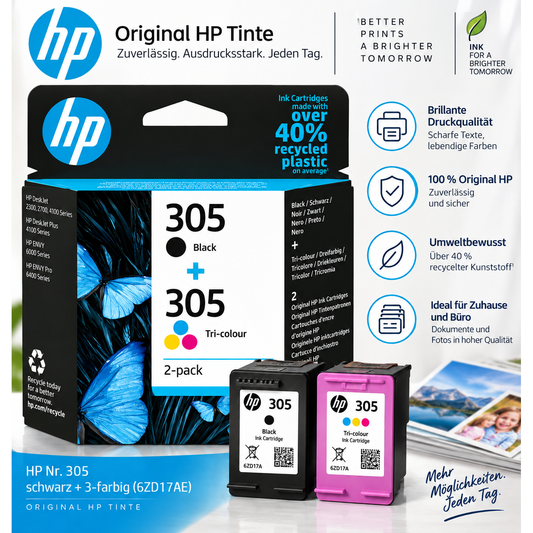 HP 305 Druckerpatronen Multipack – Schwarz + 3-farbig (6ZD17AE) – Produktbild