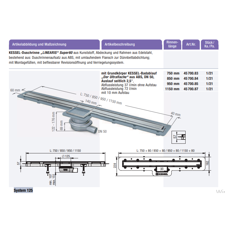 Duschrinnenabläufe „LINEARIS“ Super60 System 125