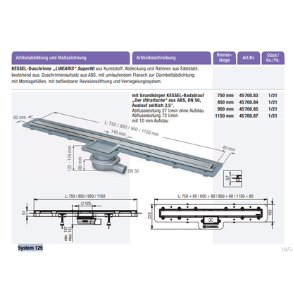 Duschrinnenabläufe „LINEARIS“ Super60 System 125