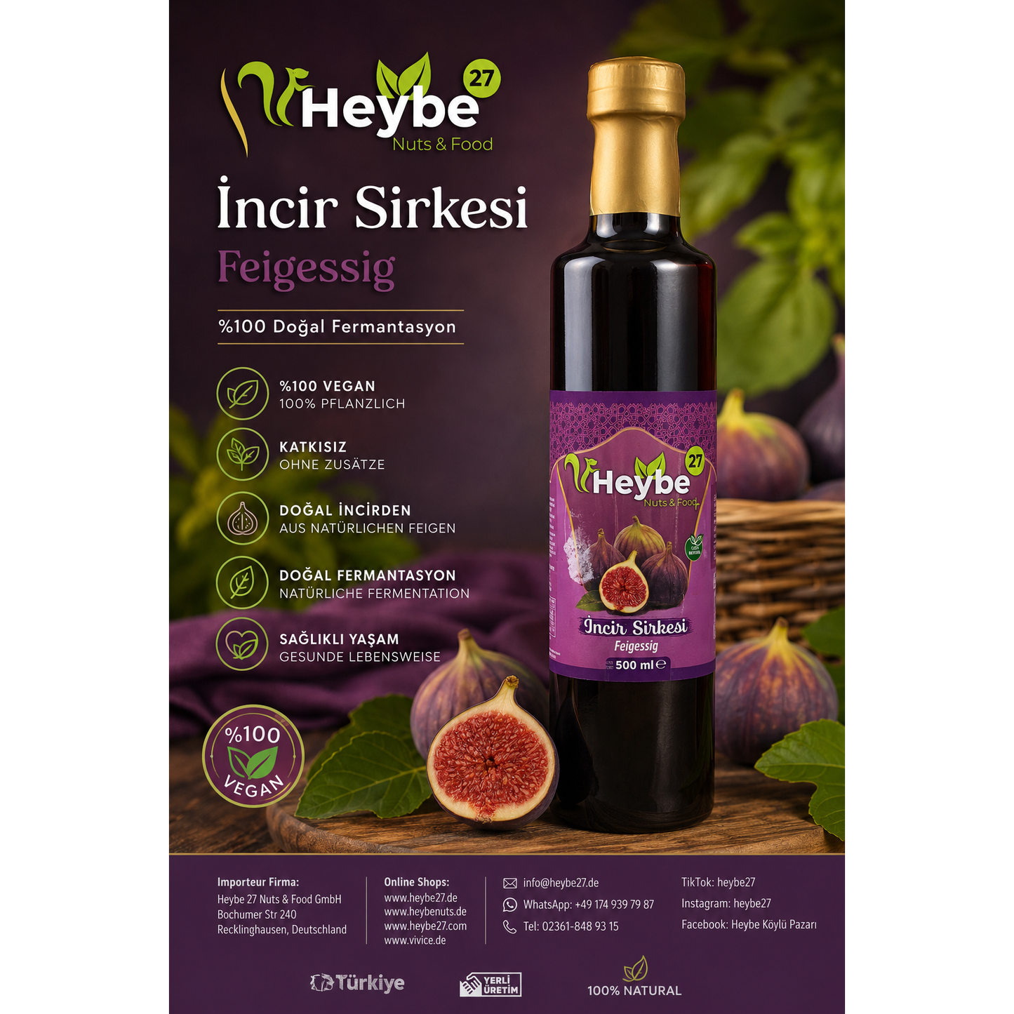 Heybe Feigen Essig 500 ml – Natürlich fermentierter Fruchtessig
