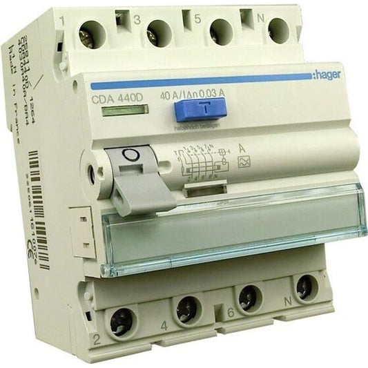 Hager Fehlerstromschutzschalter, 4-polig, Typ A - 40A (CDA440D)
