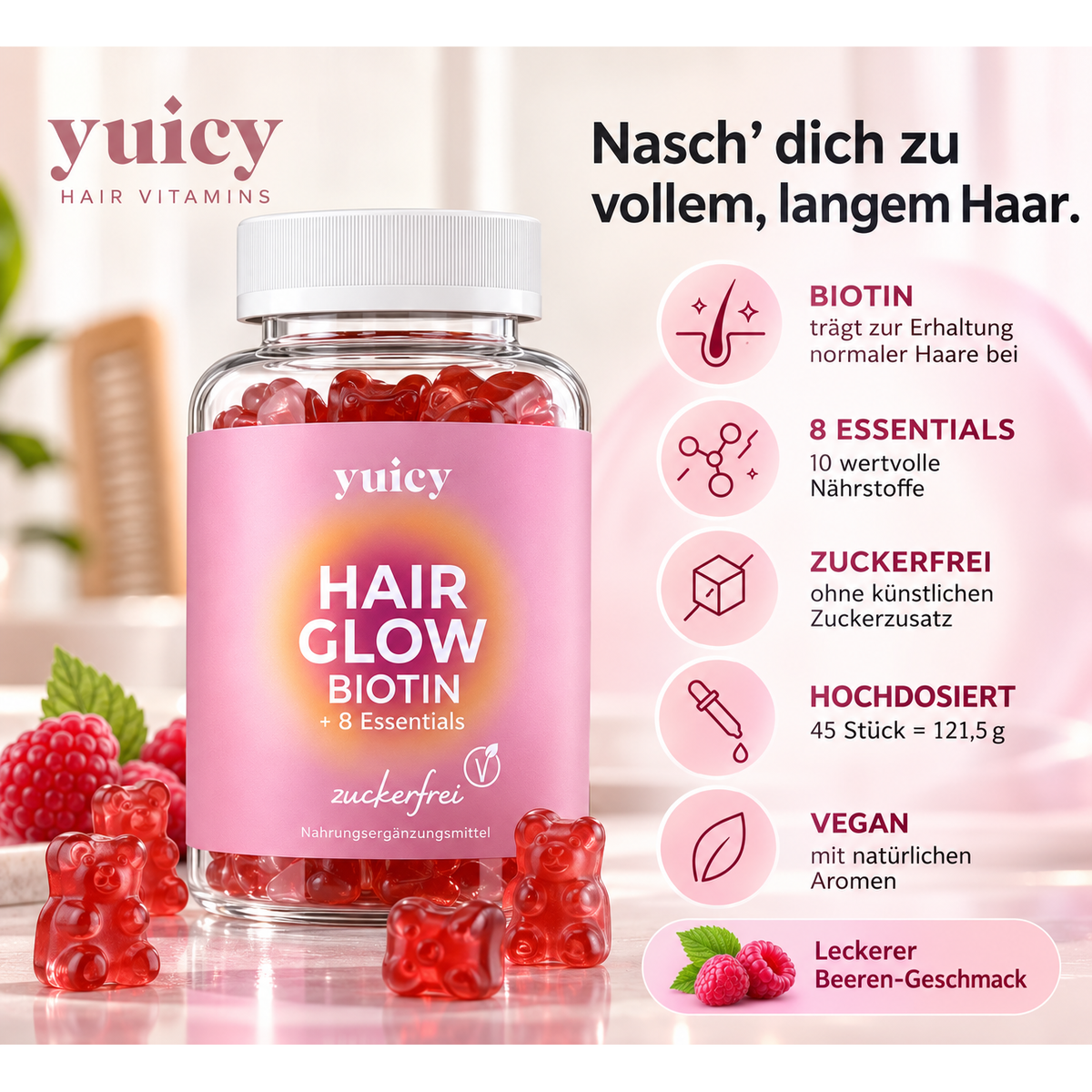 yuicy Hair Glow Haarwachstumsmittel Gummies Biotin+B12+Zink Himbeere 45 Stück – Produktabbildung