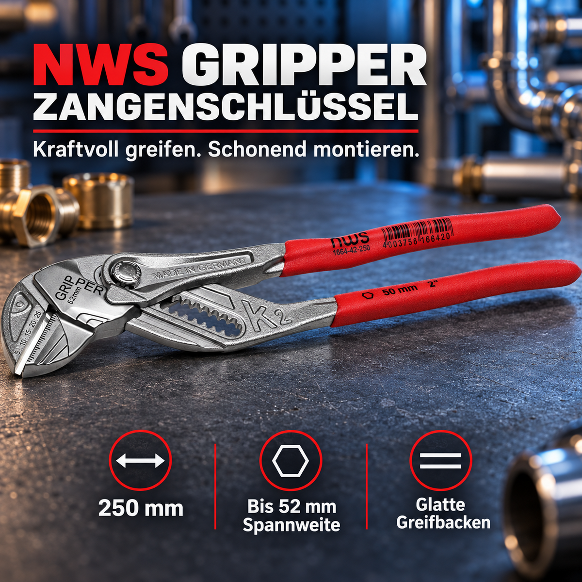 NWS Gripper Zangenschlüssel 250 mm – Armaturenzange 52mm Spannweite, 1664-42-250